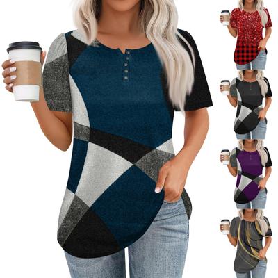 Women's Fashionable Casual Short Sleeve Button Print Round Neck Pullover Top