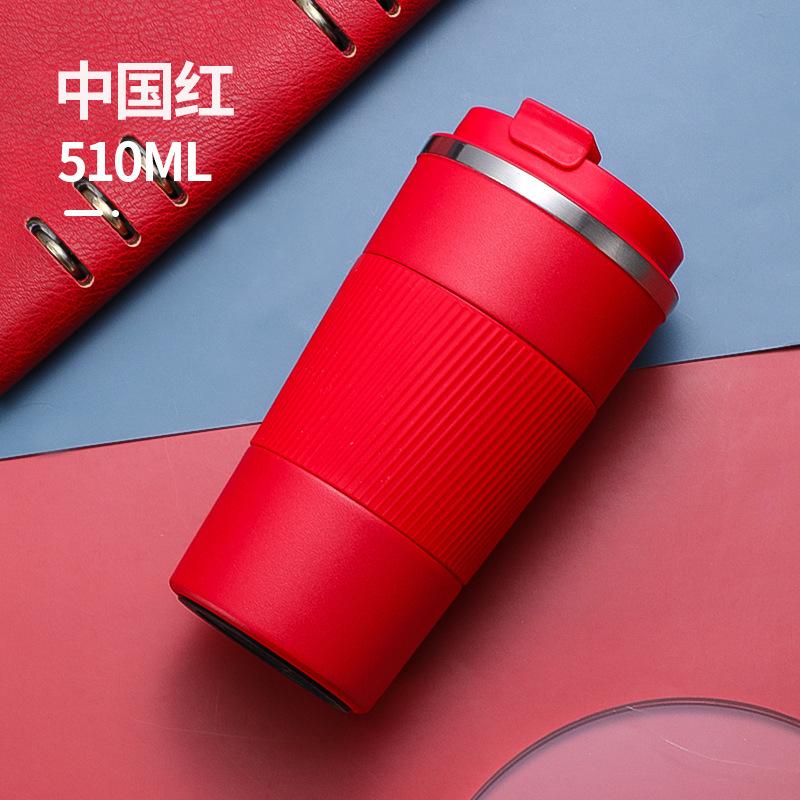 304 stainless steel thermal mug, fashionable car coffee cup with silicone sleeve, flip-top coffee cup