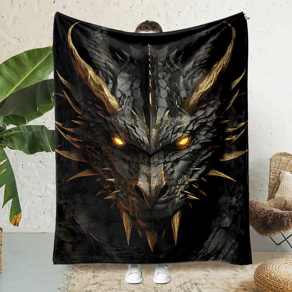 Black gold dragon glowing eyes sharp horns Print Blanket Warm Soft Fluffy s Adult Sofa Bed Throw Outdoor Travel Camping RV