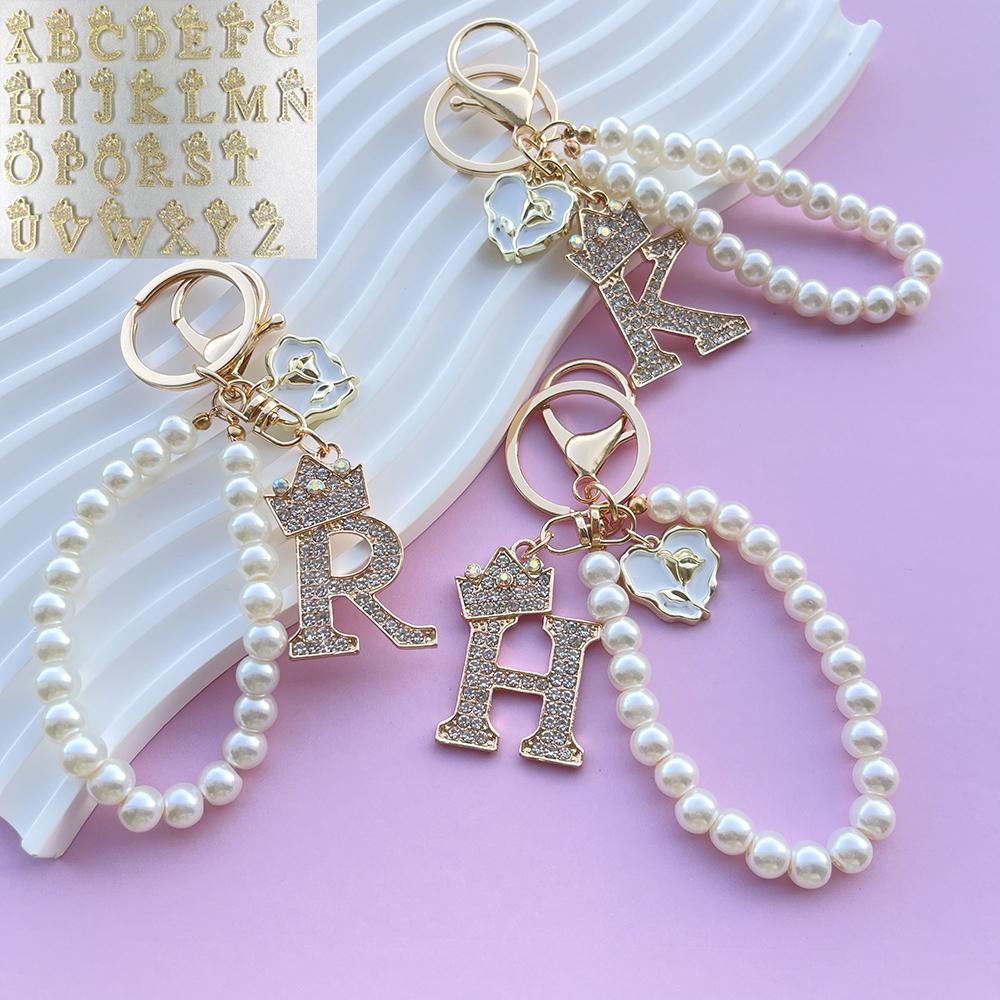 Boutique Crown A-Z 26 Initial Letters Rose Keyring Crystal Faux Pearl Resin Beaded Keychain Bag Pendant Women Girl Gifts Jewelry