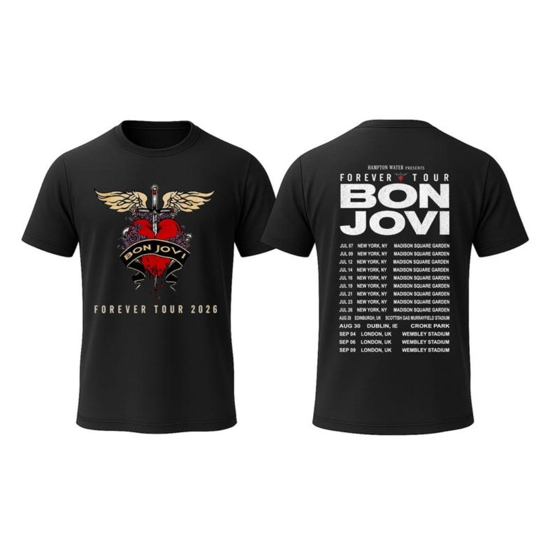 Bon Jovi Forever Tour T-Shirt Doppelseitiges Konzert T-Shirt Rockband Tourdaten Tee Musik Männer Frauen Streetwear Kurzarm Damen Herren Kleidung S black