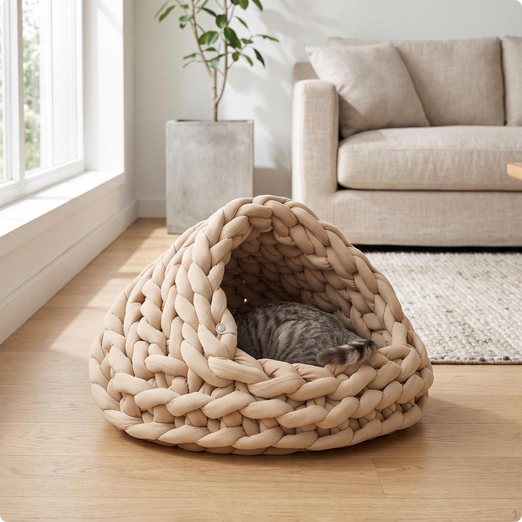 Casa Casetta Letto per Animali Domestici Intrecciata a Mano Nido per Gatti Grotta a Maglia Grossa per Gatti, Piccoli Animali Domestici, Interno, Soggiorno