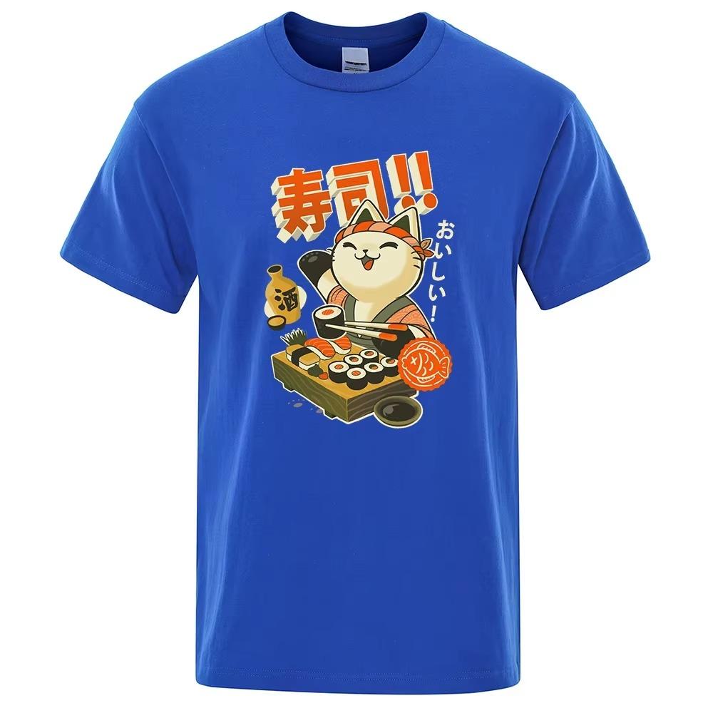 Japan Sushi Chef Cat Cartoons Men Tshirt Oversized Loose Clothes Street Cotton T Shirts Fashion T-Shirts Casual Brand Tshirt