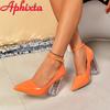 Fashion Aphixta 3.94inch Transparent Chunky Heels Women Pumps Orange Pimp Buckle Ankle Strap Shoes Leisure Patent Leather Plus Size 50