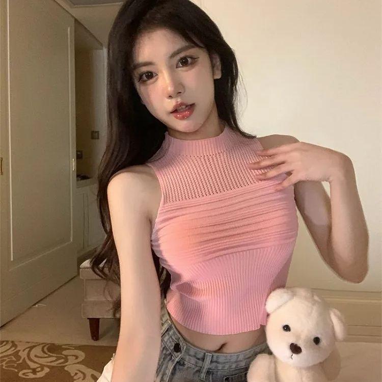 High Neck Hollow Ice Silk Camisole Tank Top for Women Summer Pink Halter Neck Slim Fit Short Style Knitted Sleeveless Top