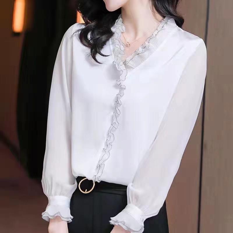 Elegant Women Chiffon Shirt Korean Blouse Office Lace Mesh Long Sleeve Ruffles V NeckTops Casual Vintage Pullovers Blusas 2022