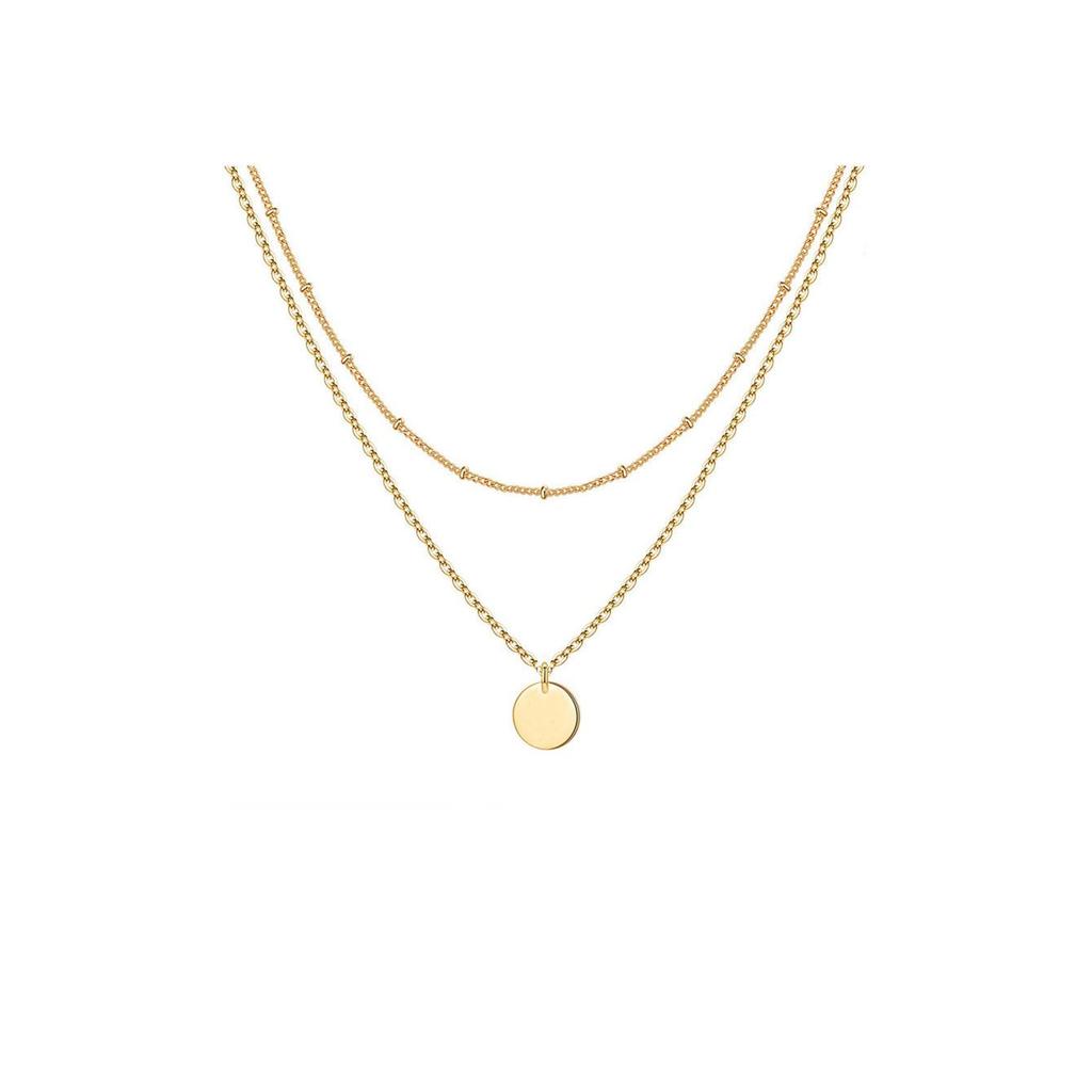 Stainless Steel Double Layer Round Disc Pendant Necklace - European & American Style