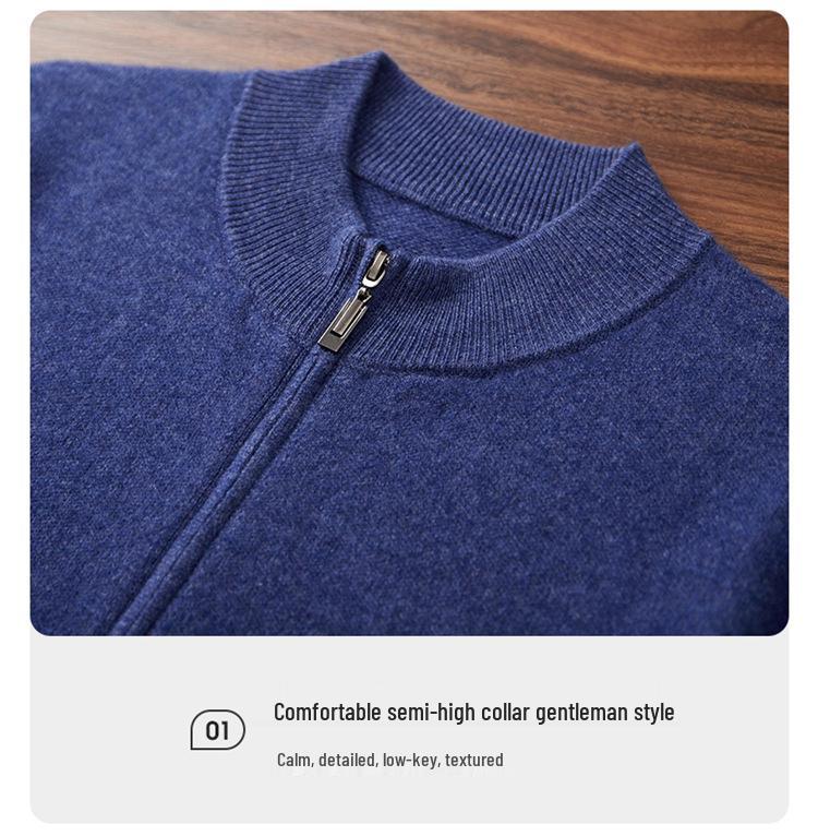 Men's Cashmere Half-High Collar Knit Cardigan with Double Zipper