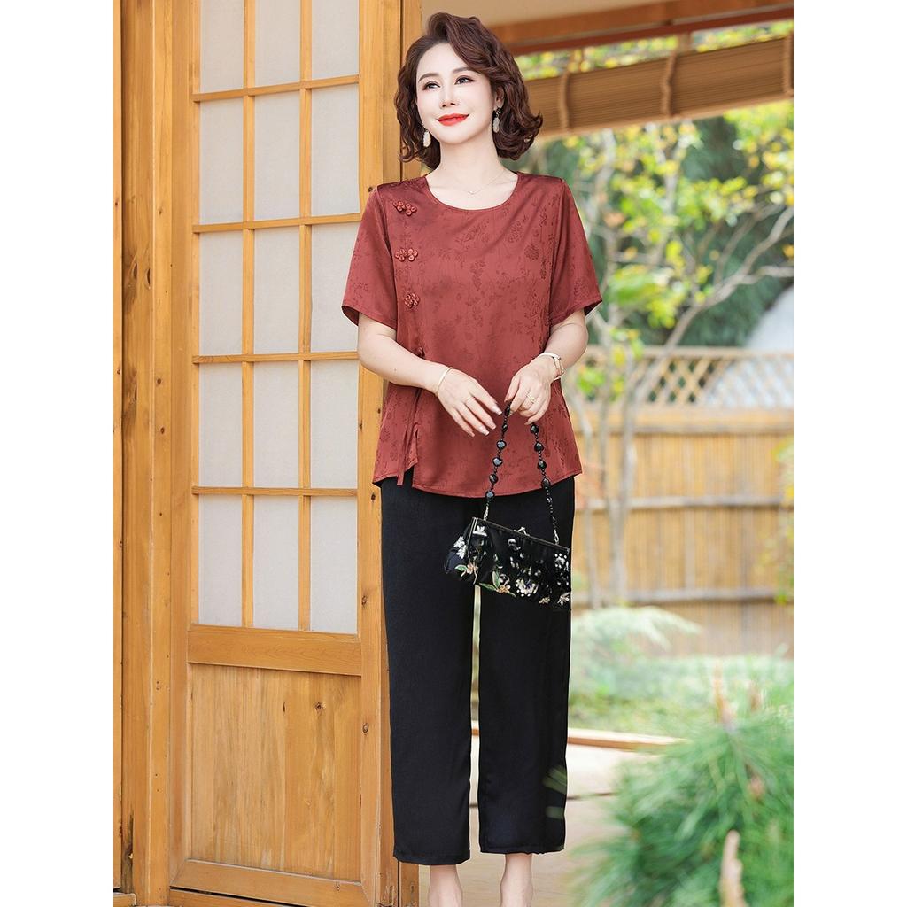 Mother's Summer Clothes, Chinese Style, National Style T-shirt, Small Shirt Suit, Western Style Women's Two-piece Suit