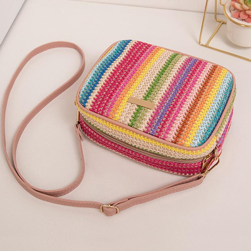 Modische Damen Regenbogen Gestreifte Crossbody Umhängetasche Für Mädchen Kompakte Geldbörse Und Handtasche Damen Strohgewebte Muschel Strandtasche