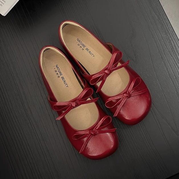 

[Fanfuna] 2025 autumn new French one-word with bow, light mouth versatile retro one-pedal grandma shoes 40 красный