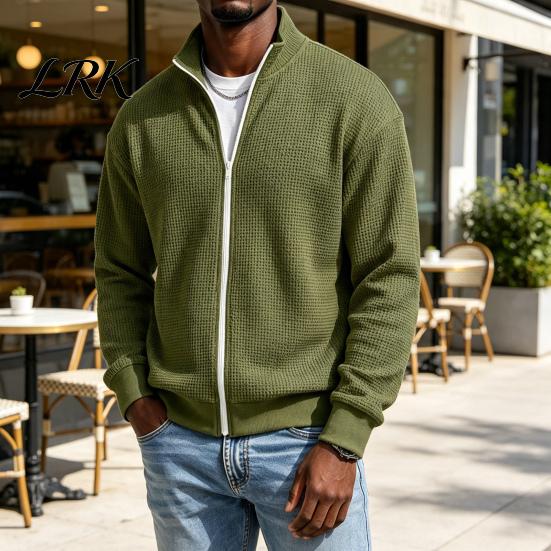 Klassischer Amerikanischer Stil Herren Außenbekleidung Waffelstrick Reißverschluss Jacke, Langarm Umlegekragen Moderne Truckerjacke Lässiger Cardigan Sweatshirt,
