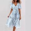 Blue Green Floral Print V-Neck Asymmetrical Hem Summer Dress with Short Sleeves