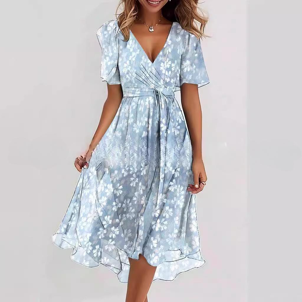 Blue Green Floral Print V-Neck Asymmetrical Hem Summer Dress with Short Sleeves