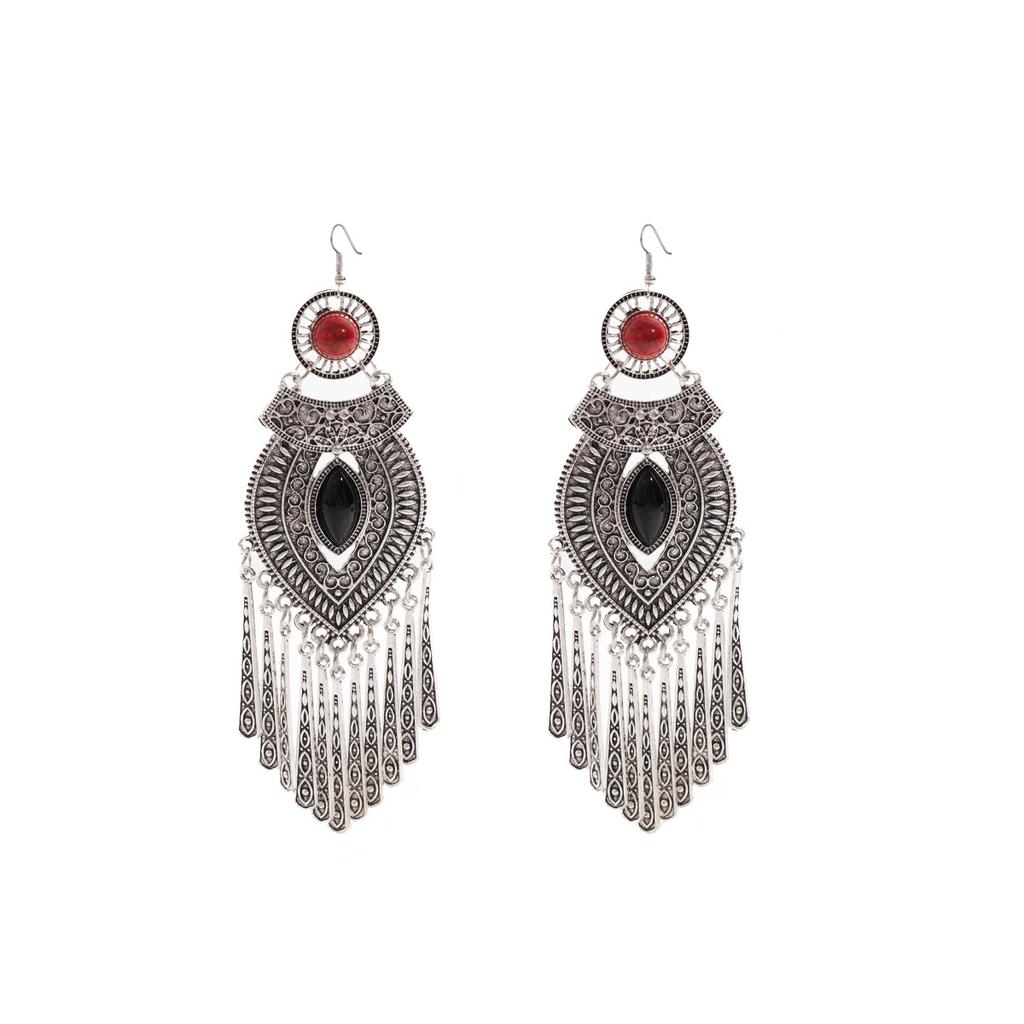 Bohemian Turquoise Long Fringed Stud Earrings Retro Imitation Miao Ethnic Style Earrings