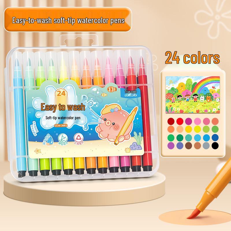 True Color Soft Tip Watercolor Pens with Large Capacity Triangular Barrels for Kids' Art Class and Drawing.
