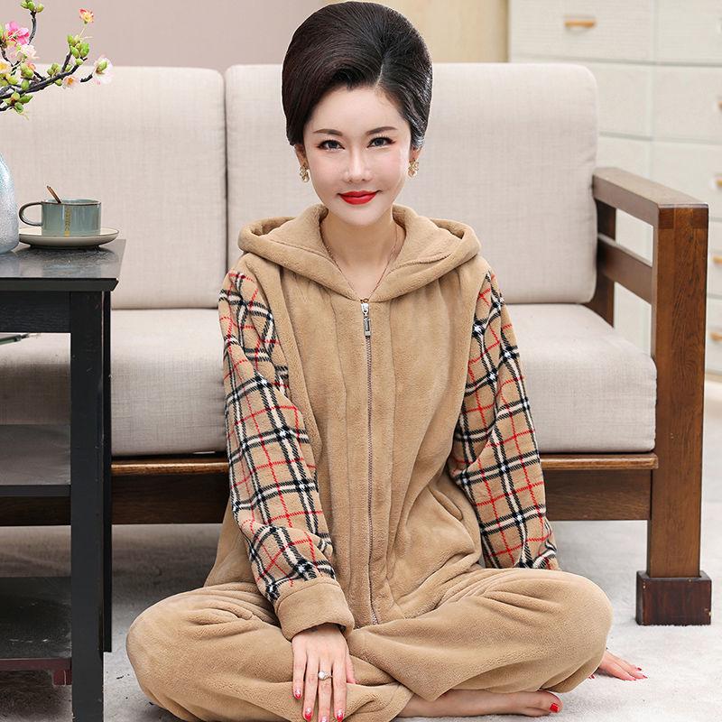 Autumn and Winter Coral Fleece Pajamas Ladies Zipper Hooded Plus Velvet Thick Warm Flannel Home Service