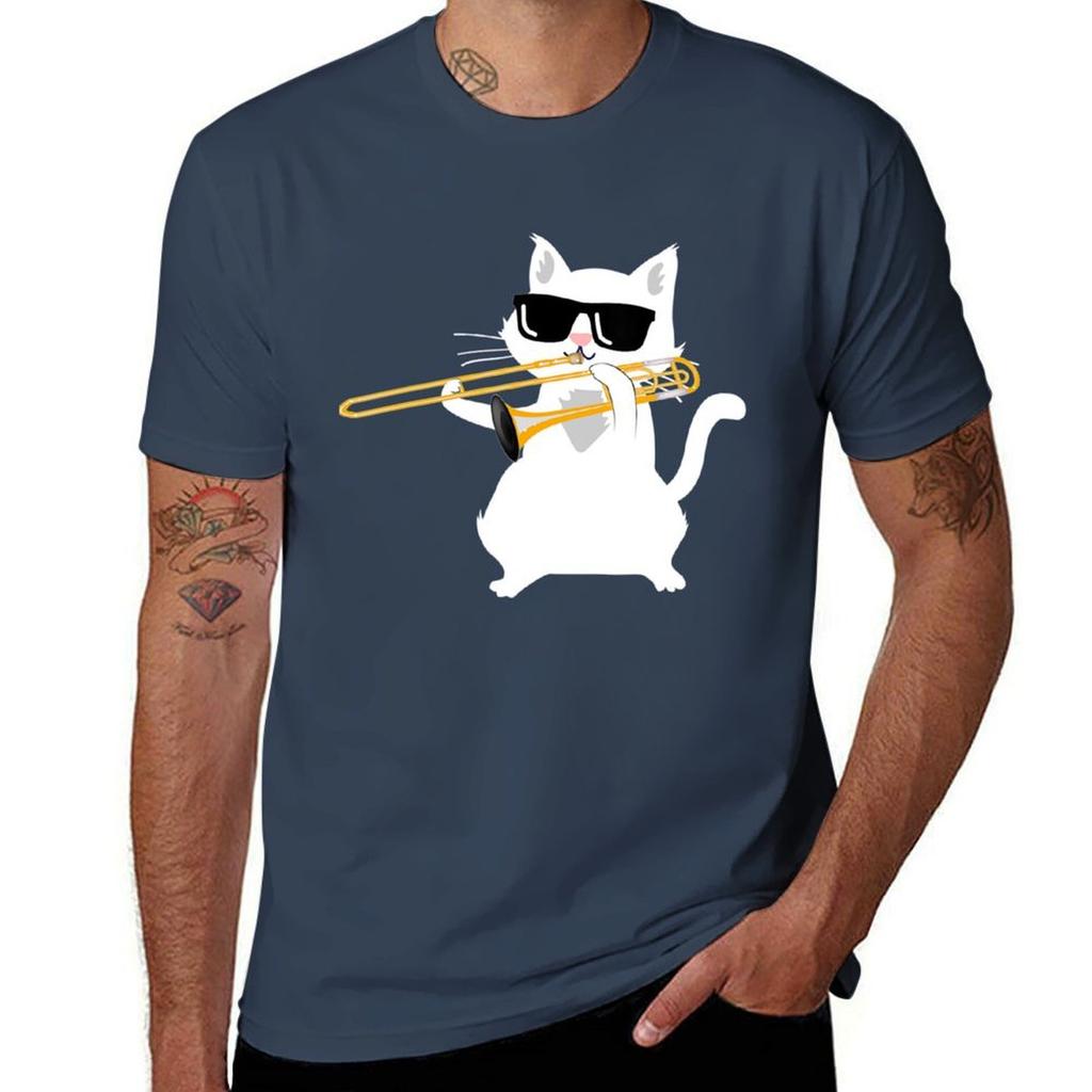 Cat Playing Trombone Tshirt Breathable Basic Cotton Tshirt