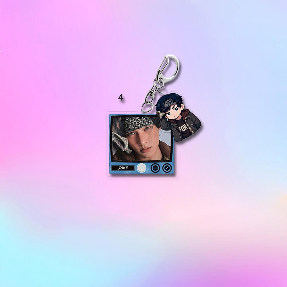 ENHYPEN Retro TV Frame Double Charms Keychain, Member Real Photo+Cowboy Cartoon Pendant, Kpop Engene Fans Collectible Bag Charm Key Ring Merchandise