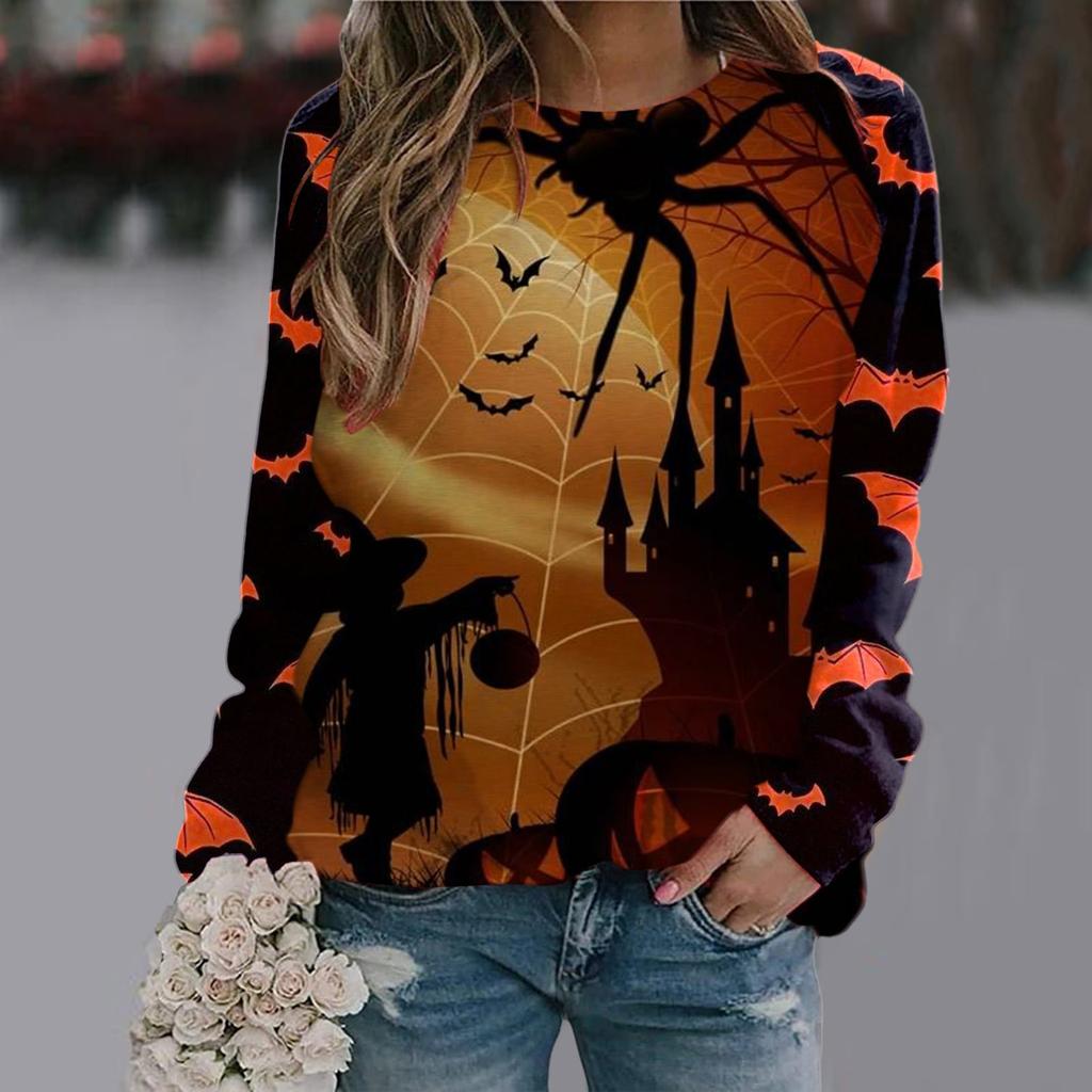 Spring and Autumn Round Neck Halloween 3D Printed Top Fashionable Casual Long Sleeved Women's T-shirts