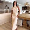Women Spaghetti Strap Halter Solid Ankel-Length Dress High Collar High Waist