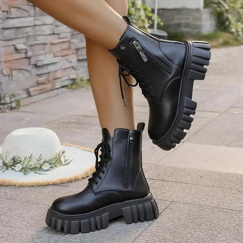 Punk Solid Black Lace Up Riding Boots Women 2025 Winter Thick Bottom High Heel Ankle Boots Side Zip Decoration Shoes