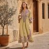 Abito Lungo Boho Casual da Donna, Estivo Lungo Bohémien con Stampa Ricamata, Manica 3/4 Scollo a V Svasato, Abiti da Vacanza con Tasche