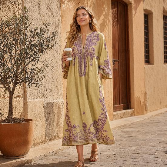 Abito Lungo Boho Casual da Donna, Estivo Lungo Bohémien con Stampa Ricamata, Manica 3/4 Scollo a V Svasato, Abiti da Vacanza con Tasche