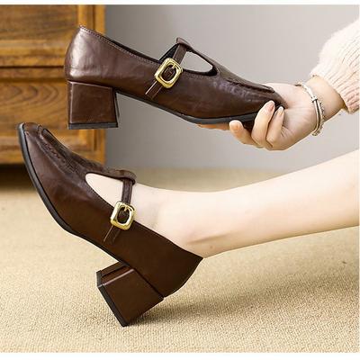 Weiches Leder Retro Rundkopf Temperament Mary Jane Schuhe Damen 2025 Herbst neue Ein-Wort-Schnalle mit dickem Absatz mittlerer Absatz Schuhe