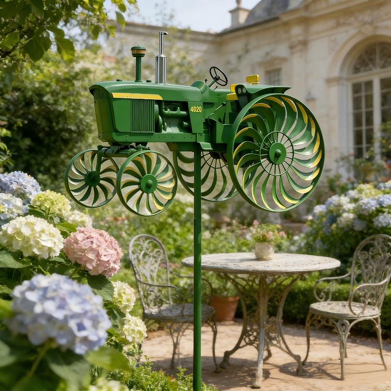 Garden Wind Spinner, Green Tractor Windmill Stake With Rotating Wheels For Patio Yard Garden, Unique Outdoor Sculptures Ornament