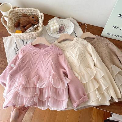 Mädchen Prinzessin Spitze Patchwork Pullover - 2025 Herbst/Winter Verdickter Warmer Gestrickter Pullover
