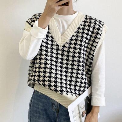 Girls Houndstooth Loose Knitted Vest Sweater Women Sleeveless Thick Vintage Sweater Vest Female Waistcoat Chic Tops