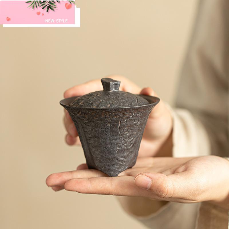 80ml Handmade Coarse Pottery Gaiwan Ancient Bronze Glaze Three Leg Tea Tureen Household Tea Making Cover Bowl Drinkware Craft