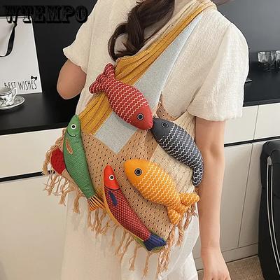Crossbody tašky přes rameno v etnickém stylu s rybí panenkou, kontrastní design, univerzální tašky na dojíždění/nakupování, kabelka ve stylu Maillard, dárky