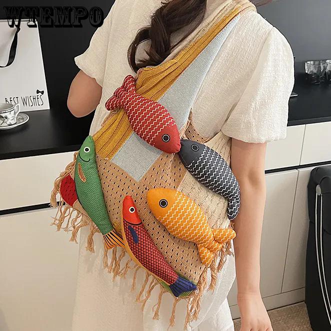 WTEMPO Ethnic-style Crossbody Single Shoulder Bags with Fish Doll Contrast Color Design Versatile Commuting/Shopping Bags Maillard Style Handbag Gifts