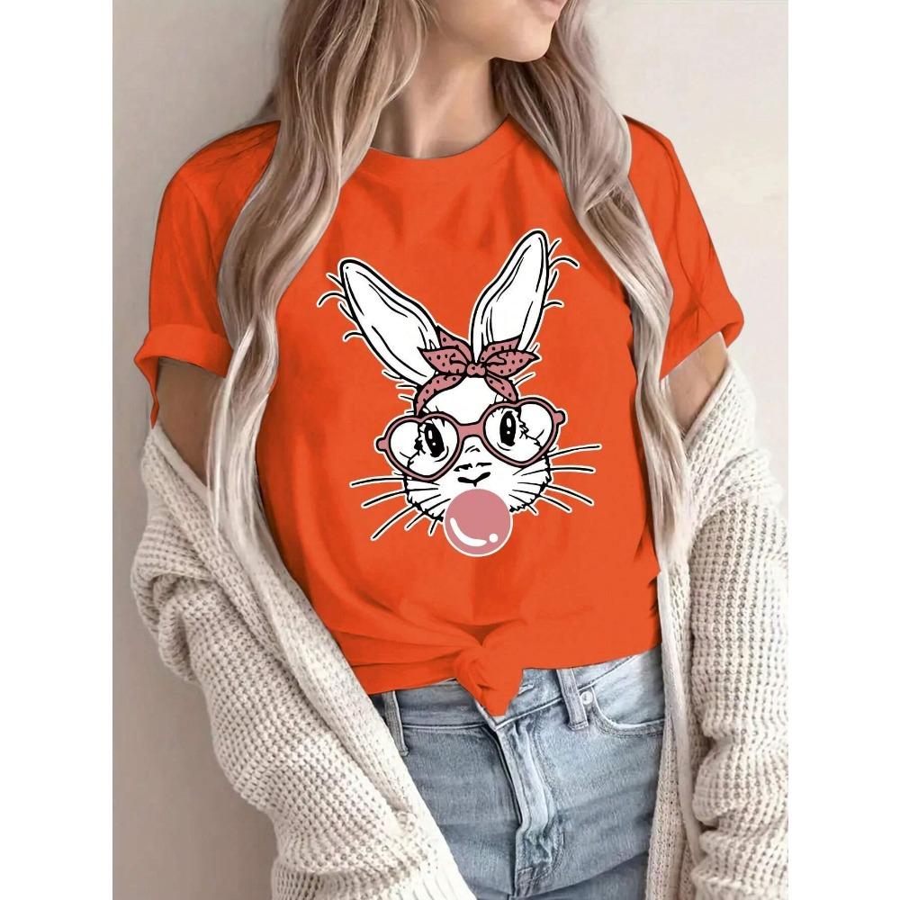 Fashion Pink Rabbit Bubble Blowing Women's T-shirt Casual Short Sleeve Street T-shirt Women's