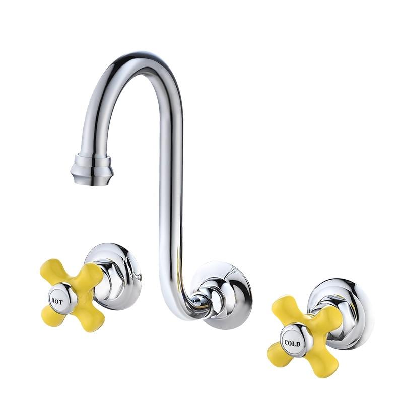 New Wall Mounted Bathroom Basin Faucet Classical Lavatory Mixer Tap Brass Three Hole Sink tap Ceramic Handle Sink Faucet Gold хром желтый