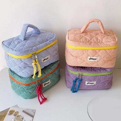 Large Capacity Color Blocking Checkered Cosmetic Bag Trendy Cosmetic Organizer Pouch Protable Travel Wash Storage Bag