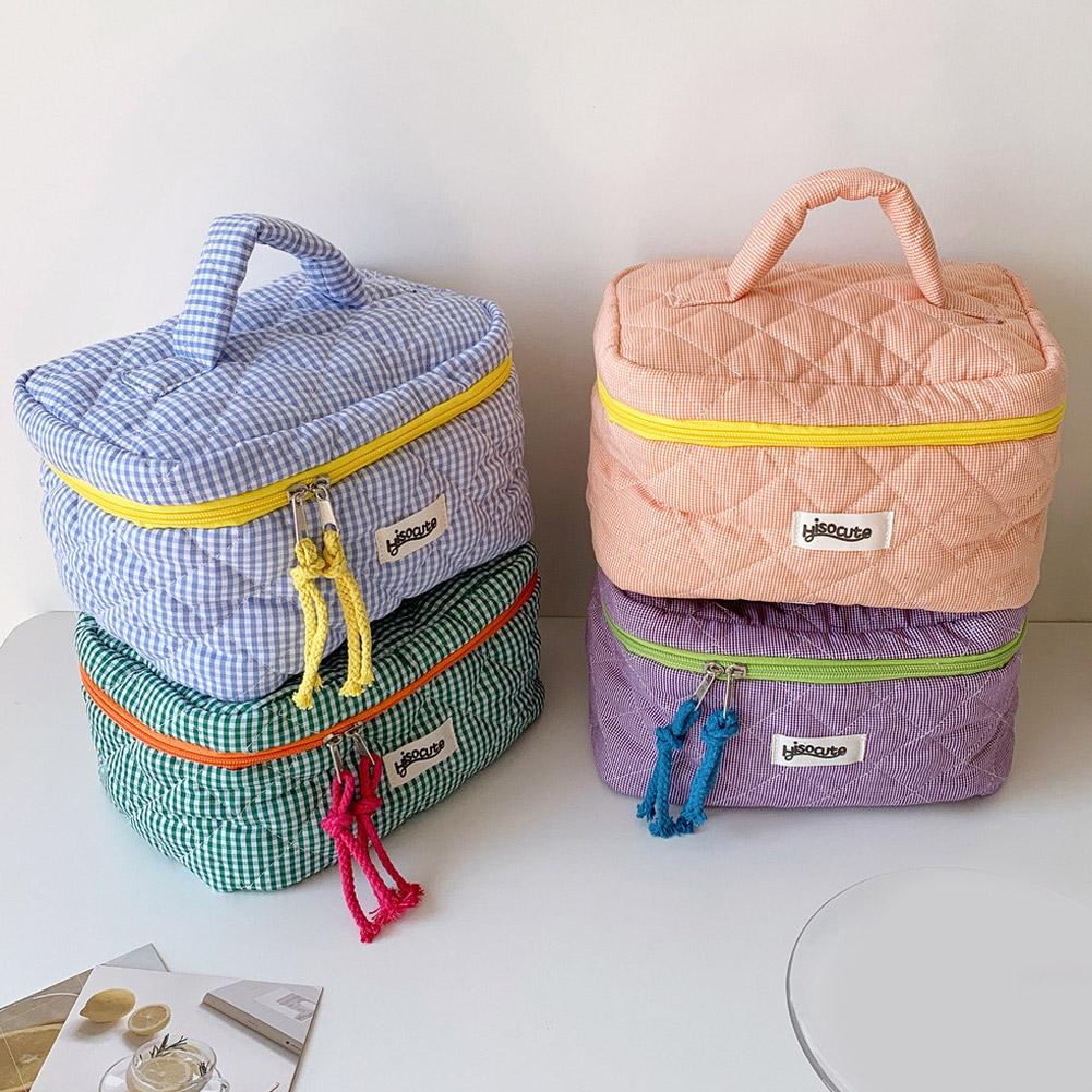 Large Capacity Color Blocking Checkered Cosmetic Bag Trendy Cosmetic Organizer Pouch Protable Travel Wash Storage Bag