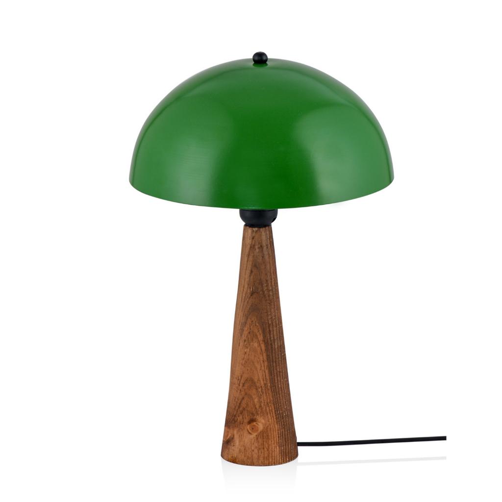 Naturlig Masif Ahşap Ayak ve Metal Başlıklı Abajur Yeşil