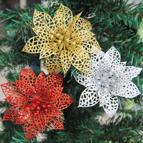 5Pcs Glitter Hollow Artificial Christmas Flower Ornament Xmas Tree Garland Decor