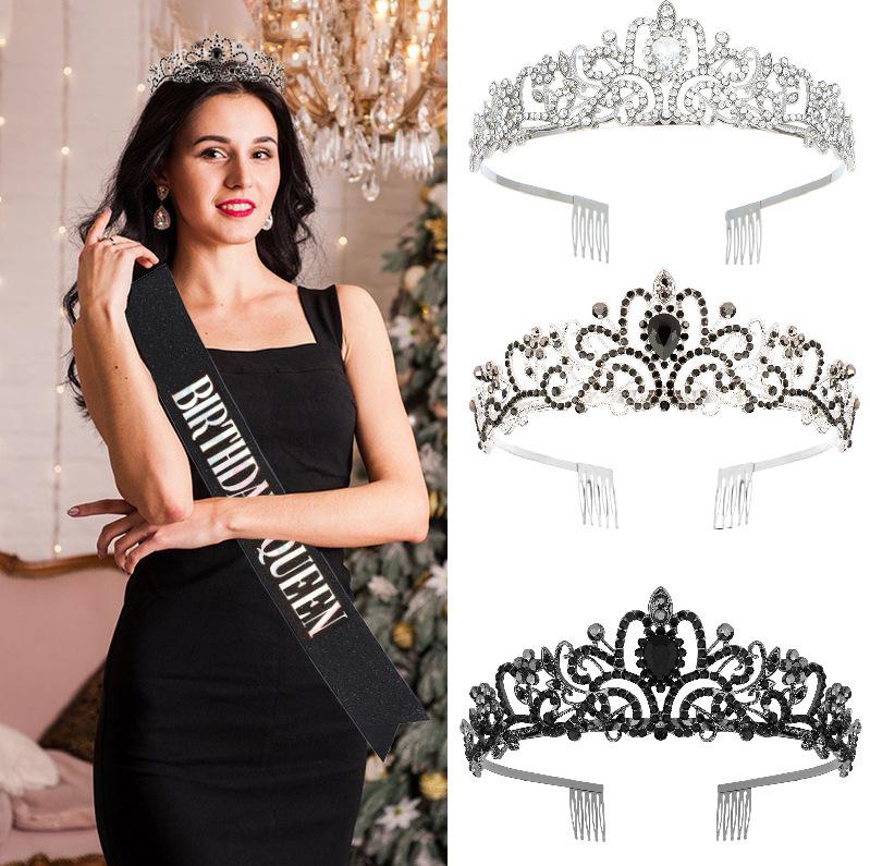 European & American Fashion Alloy Crystal Black Crown Headband for Brides & Halloween Parties