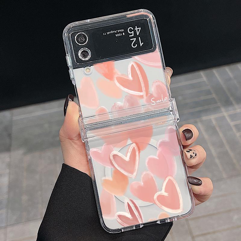 3PCS Foldable Shockproof Case for Samsung Z Flip6 Flip5 Flip4 for Magsafe Magnetic Colorful Love Hearts Pattern Clear Hard Pc Slim Case Cover
