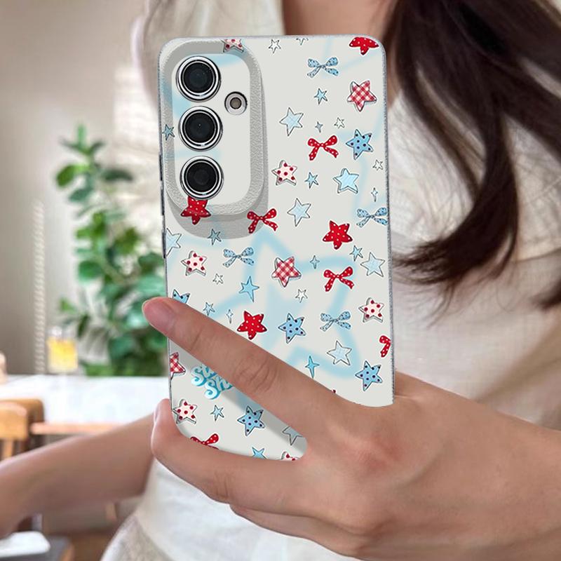 Blauer Stern Schleifen Muster Hülle Für Samsung Galaxy S25 Edge S24 Ultra S23 S22 Plus S21 FE S26 Ultra Lederstruktur Silikonhülle