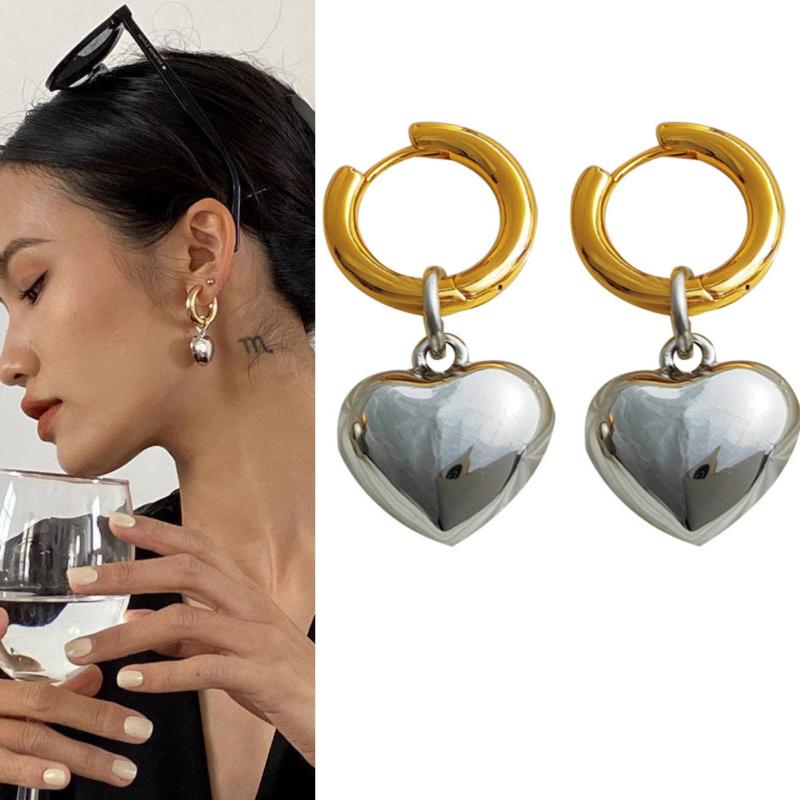 Statement Minimalist Gold Silver Color Mixed Solid Heart Pendant Hoop Earrings Street Style Korean Fashion Jewelry Gift