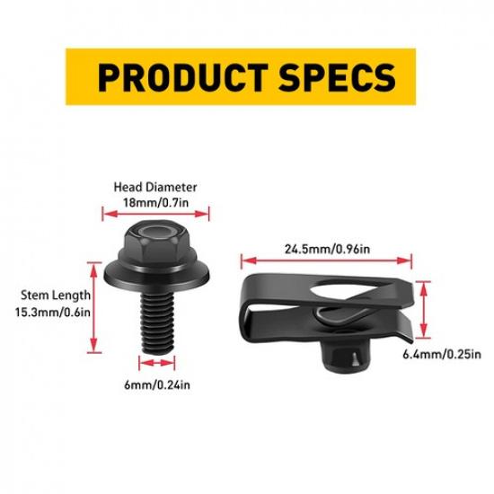 For Ford Body Bolts&U-nut Clips- Long- M6-1.0x20mm 10mm Hex- 20pcs (10ea) #150