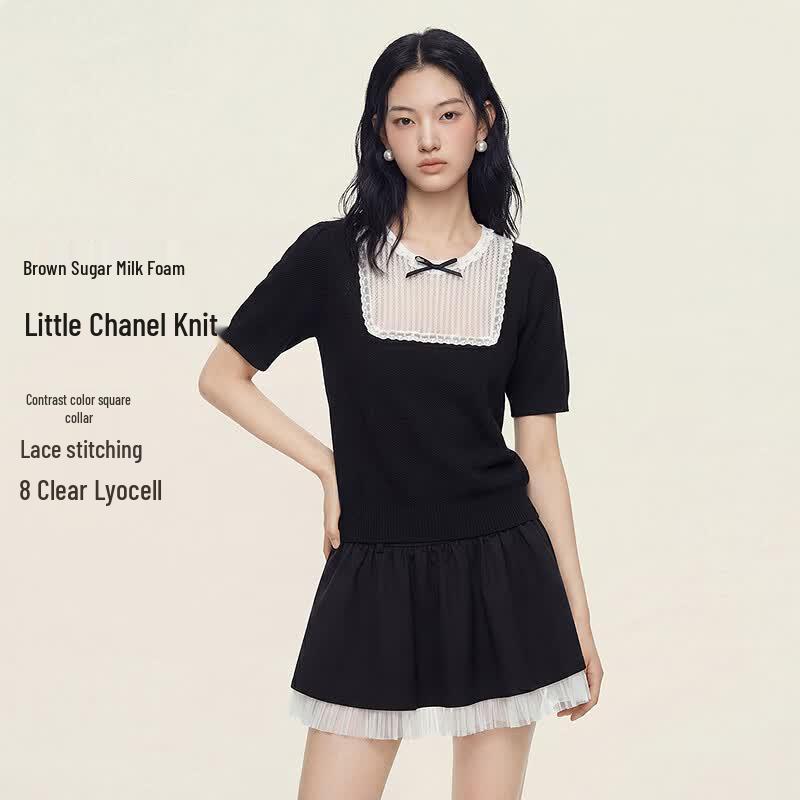 LED IN Dainty Lace Square Neck Lyocell Bow Knit Top L