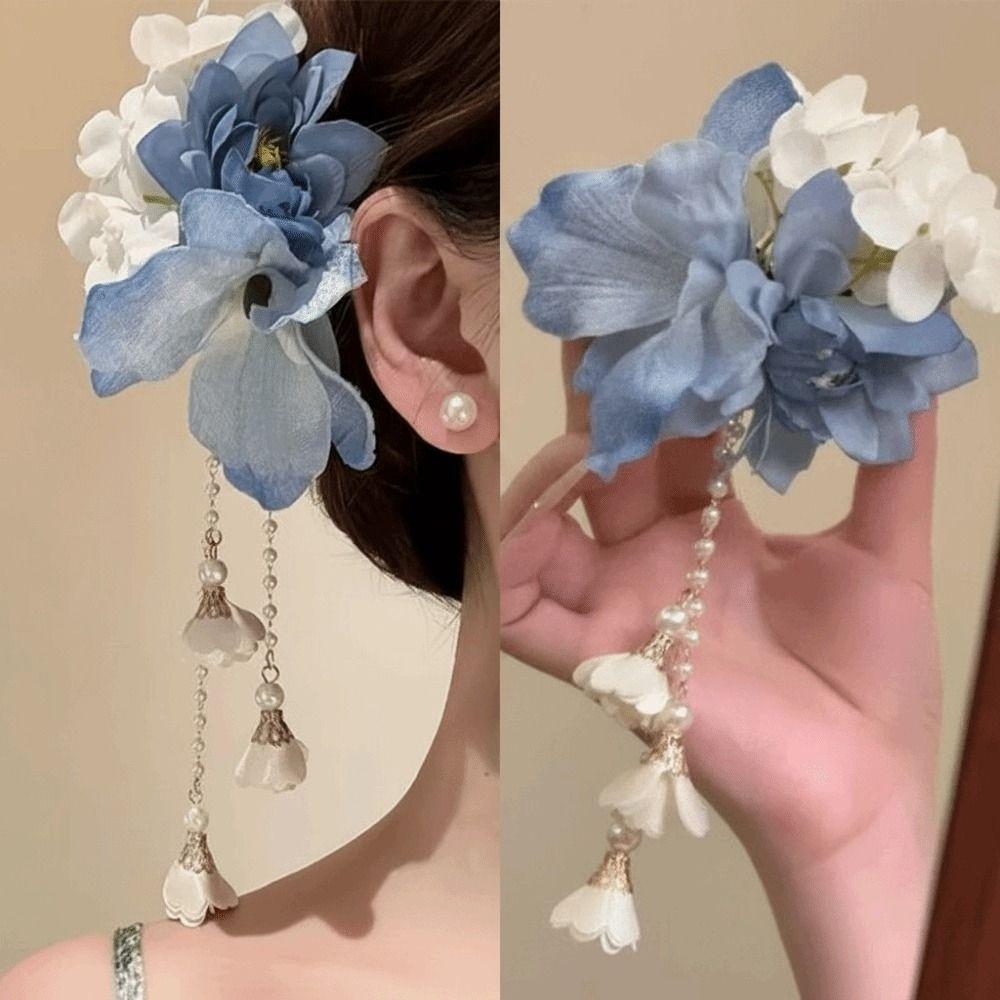 Elegant Design Tassel Hanfu Hair Accessories Pink Floral Pearl Decoration Flower Hairpin Colorful Headpieces Fresh Style