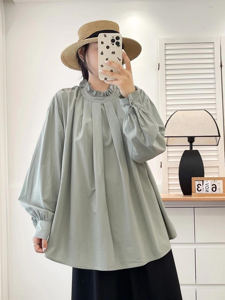 Johnature Japanese Fungus Stand-Up Collar Press-Pleated Top Women Spring Loose Versatile French Tops