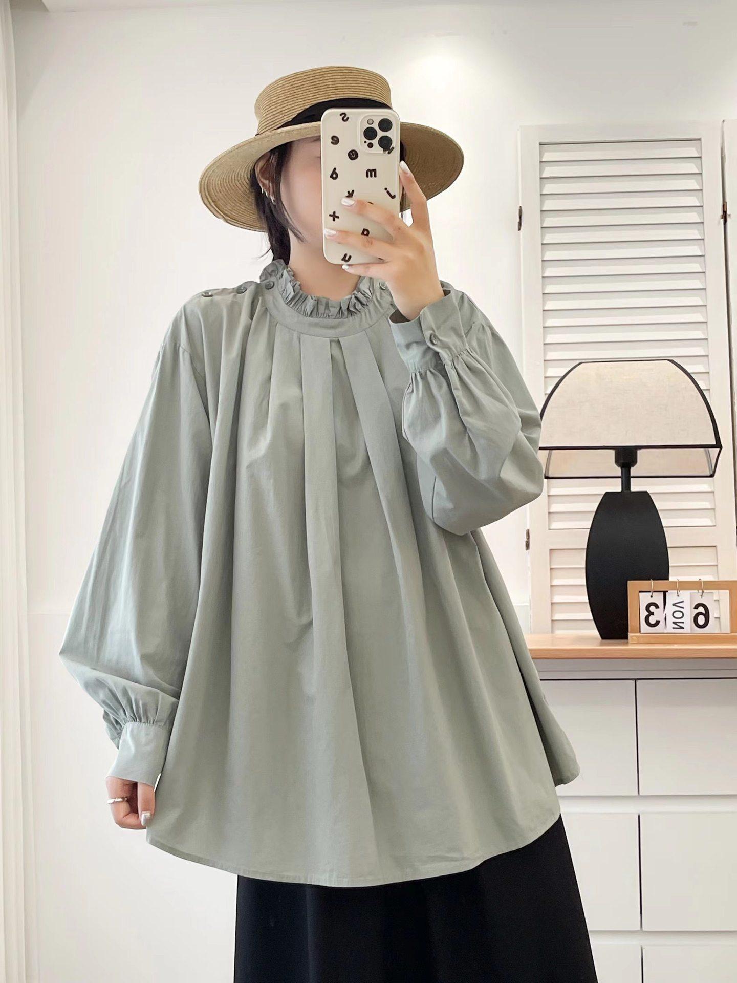 

Johnature Japanese Fungus Stand-Up Collar Press-Pleated Top Women Spring Loose Versatile French Tops One Size светло-зеленый
